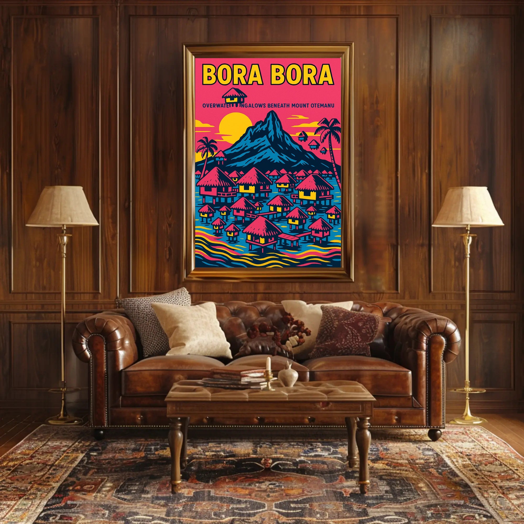 Bora Bora Vintage Travel Poster with Iconic Overwater Bungalows PosterGoat