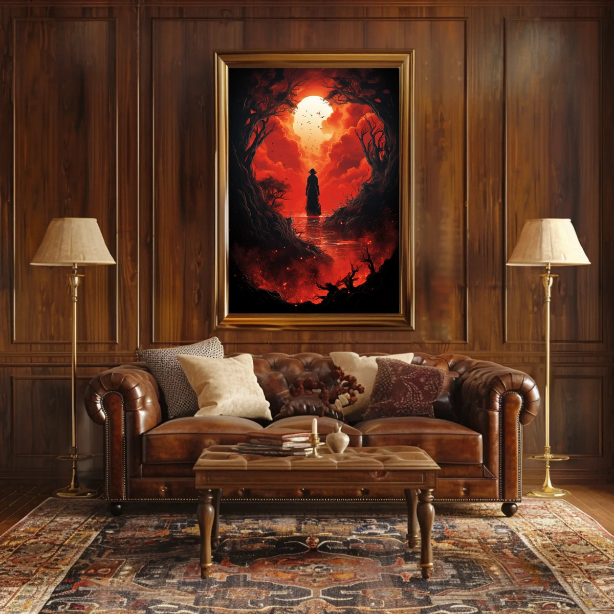 Wandering Traveler in Fiery Fantasy Landscape Poster