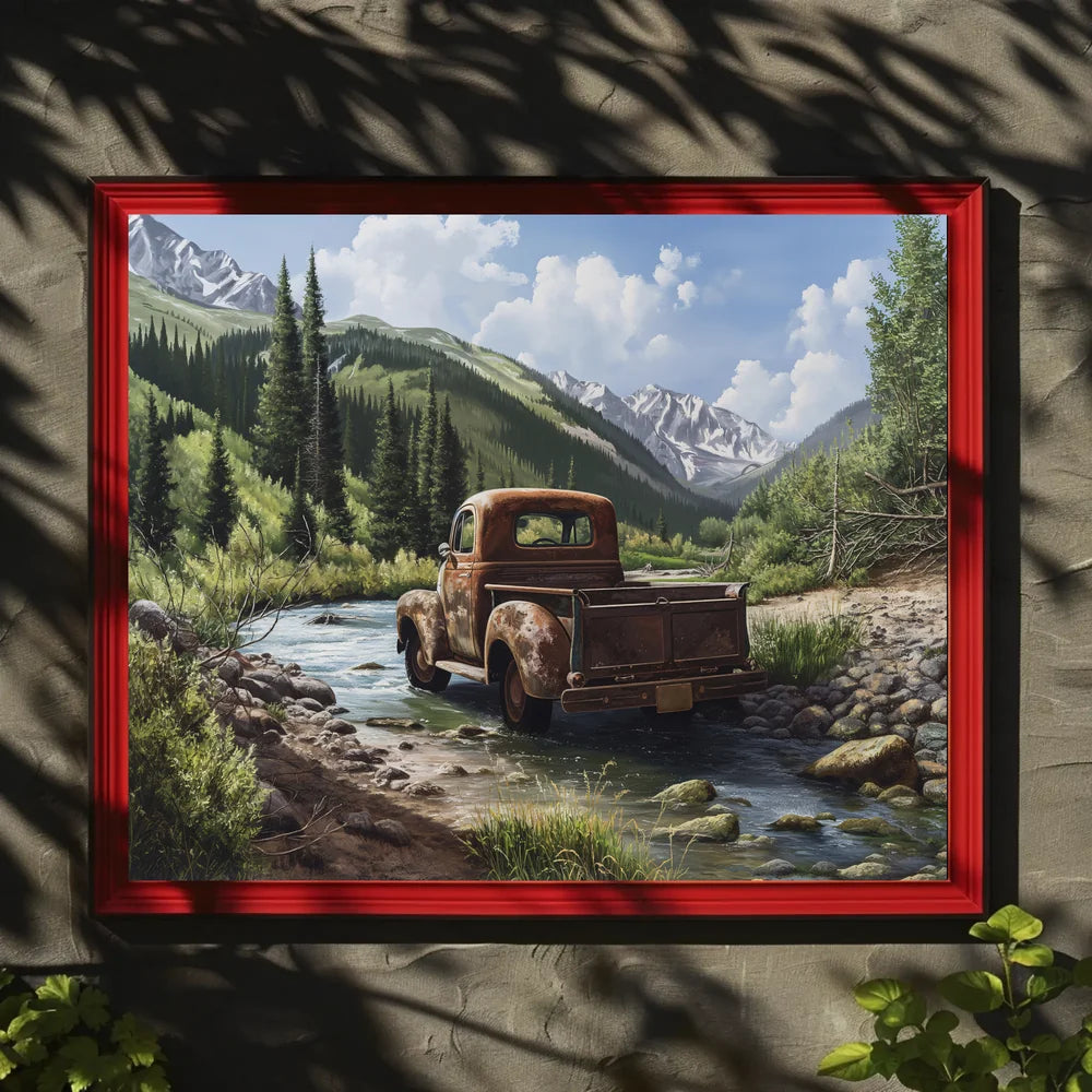Vintage Truck in Serene Mountain Landscape Poster