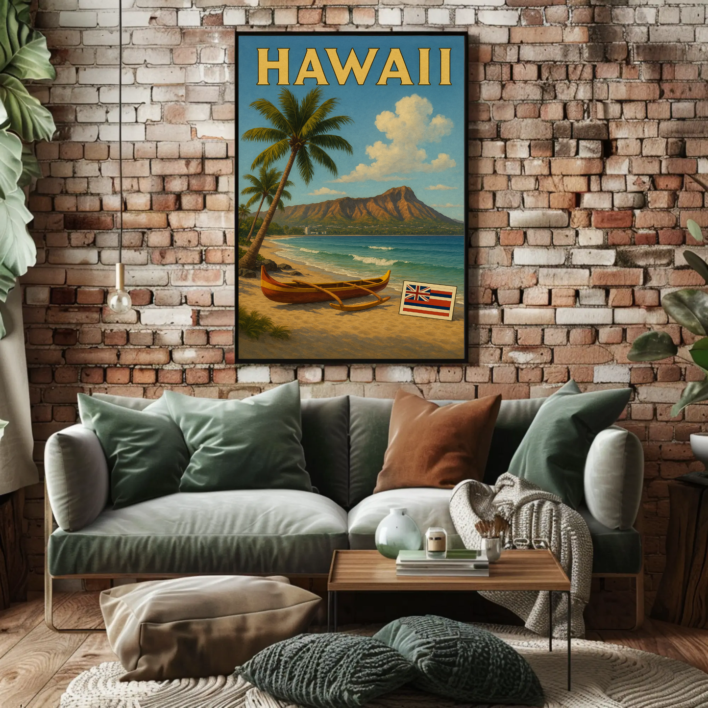 Hawaii Canoe Flag Diamond Head Ocean View Travel Poster