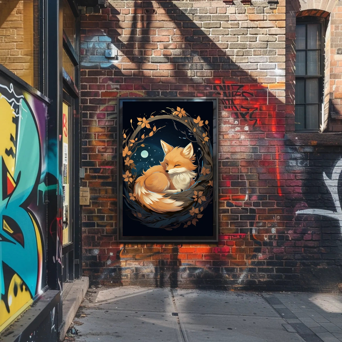 Moonlit Serenity Fox Autumn Leaves Digital Painting Poster