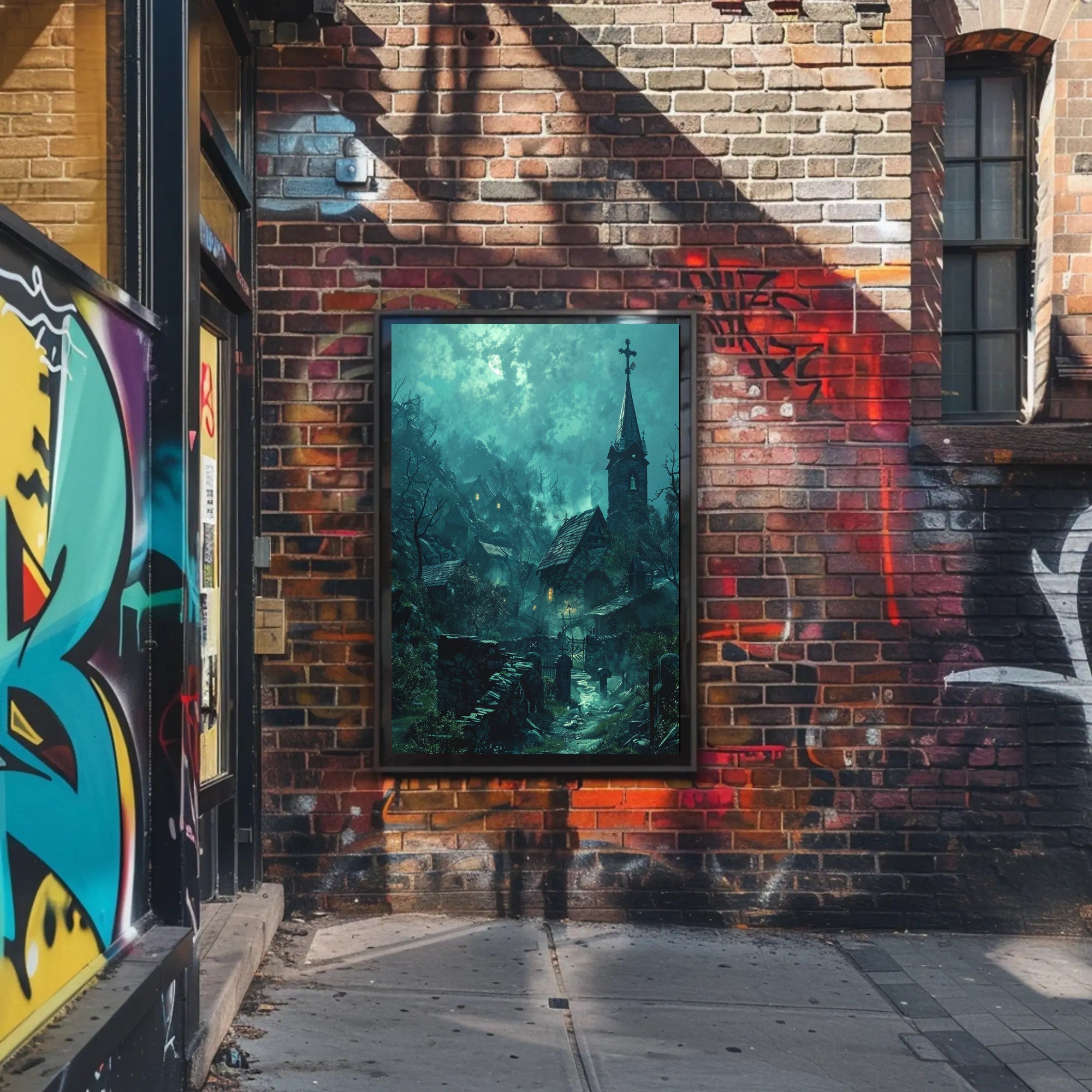 Mysterious Gothic Village Poster with Moonlit Atmosphere PosterGoat