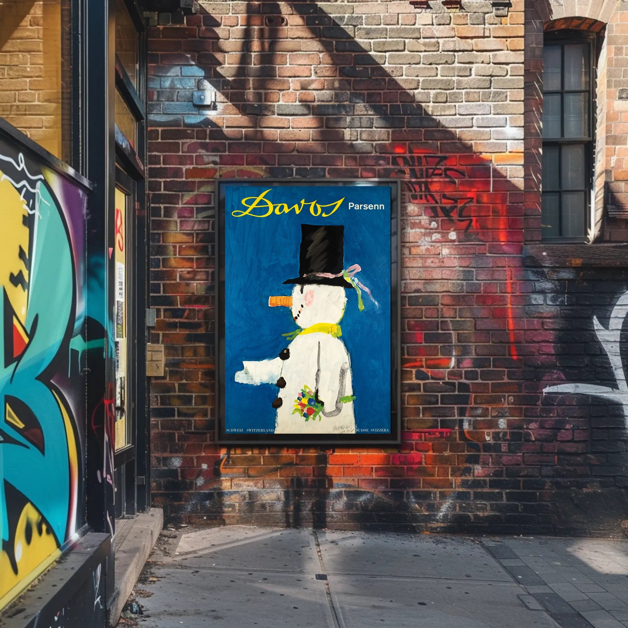 Whimsical Snowman Switzerland Travel Poster PosterGoat