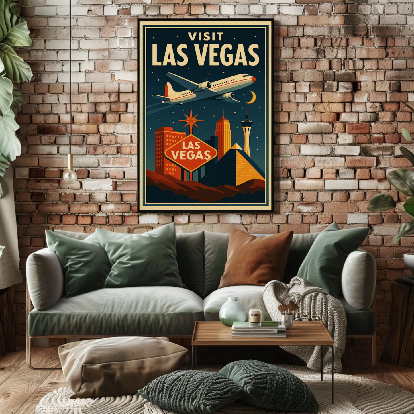 Visit Las Vegas Stylized Airliner Night Neon Glow Travel Poster