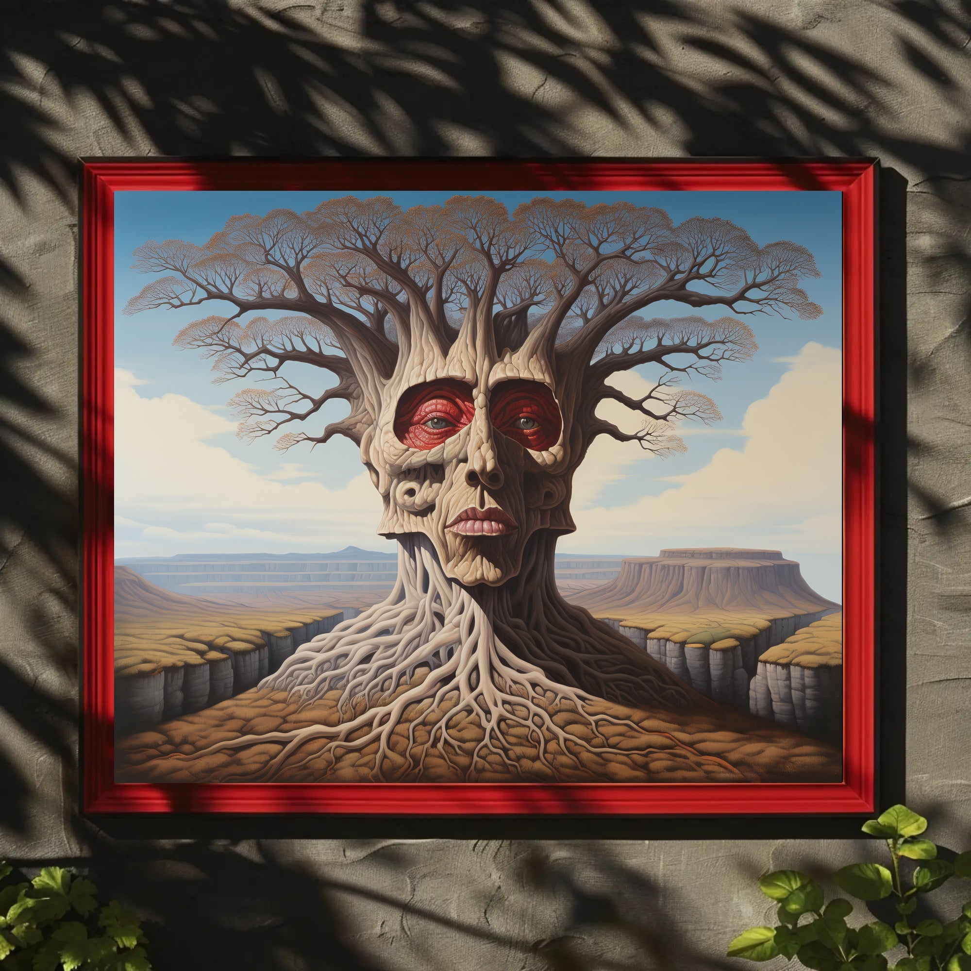 Surreal Tree Face in a Mystical Desert: Artistic Poster