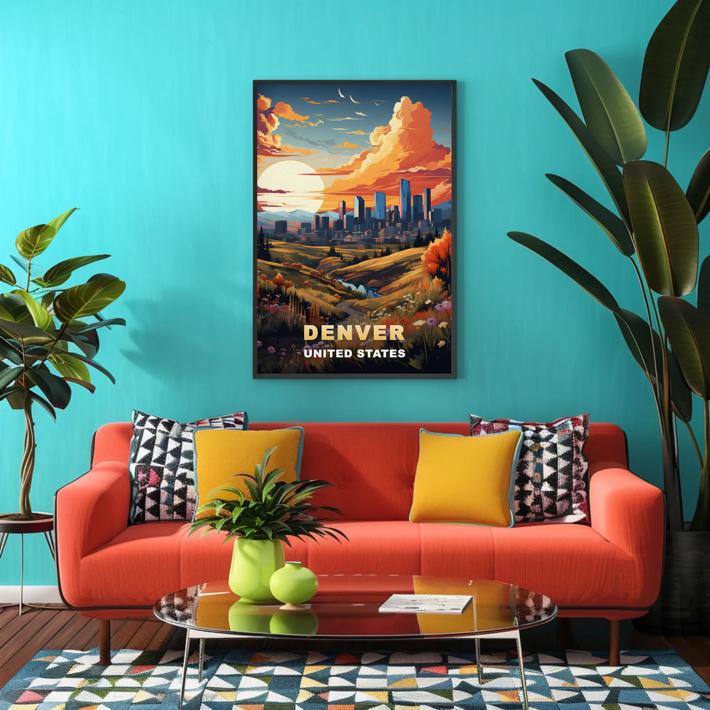 Denver Autumn Meadow Skyline Vintage Travel Poster