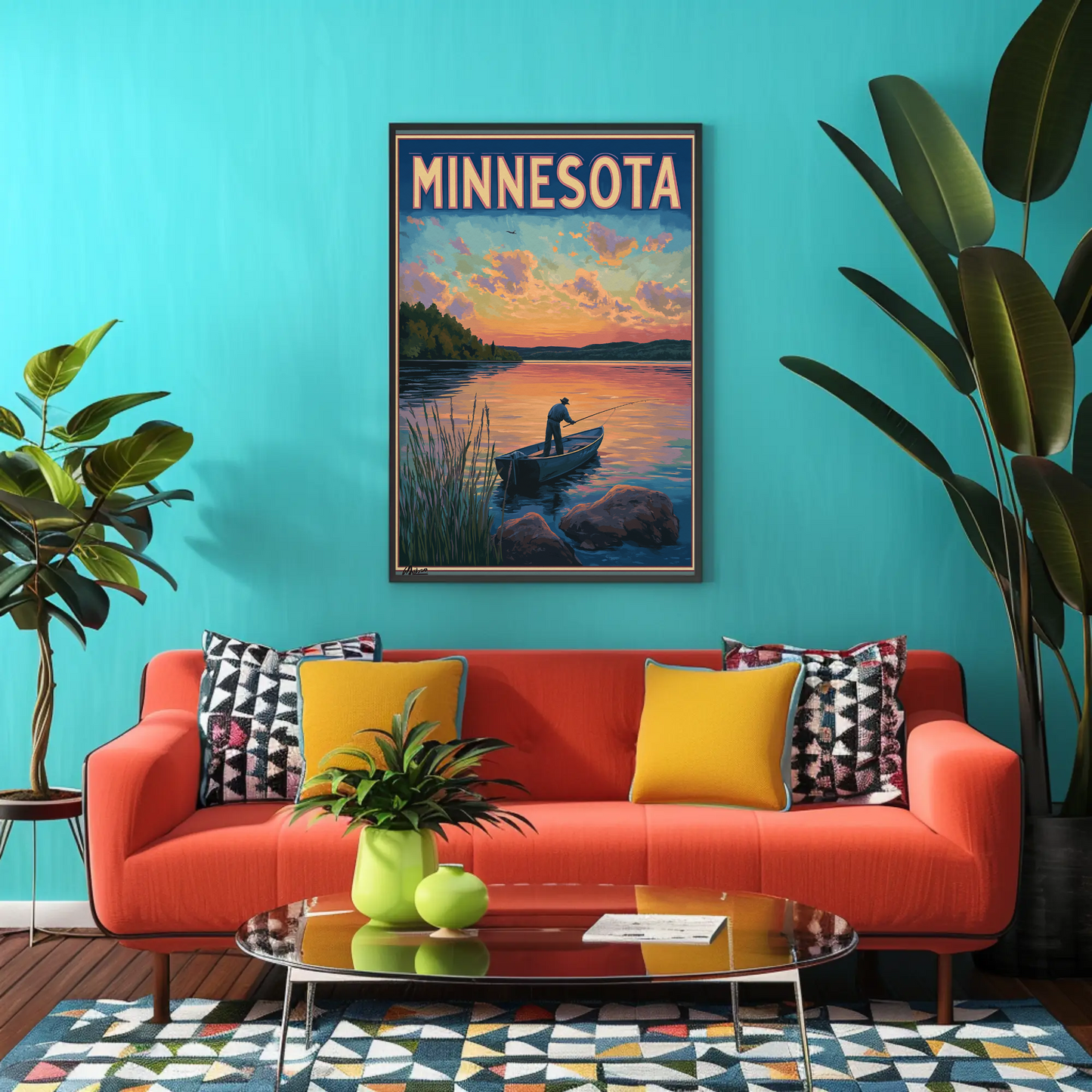Minnesota Sunset Fishing Vintage Poster