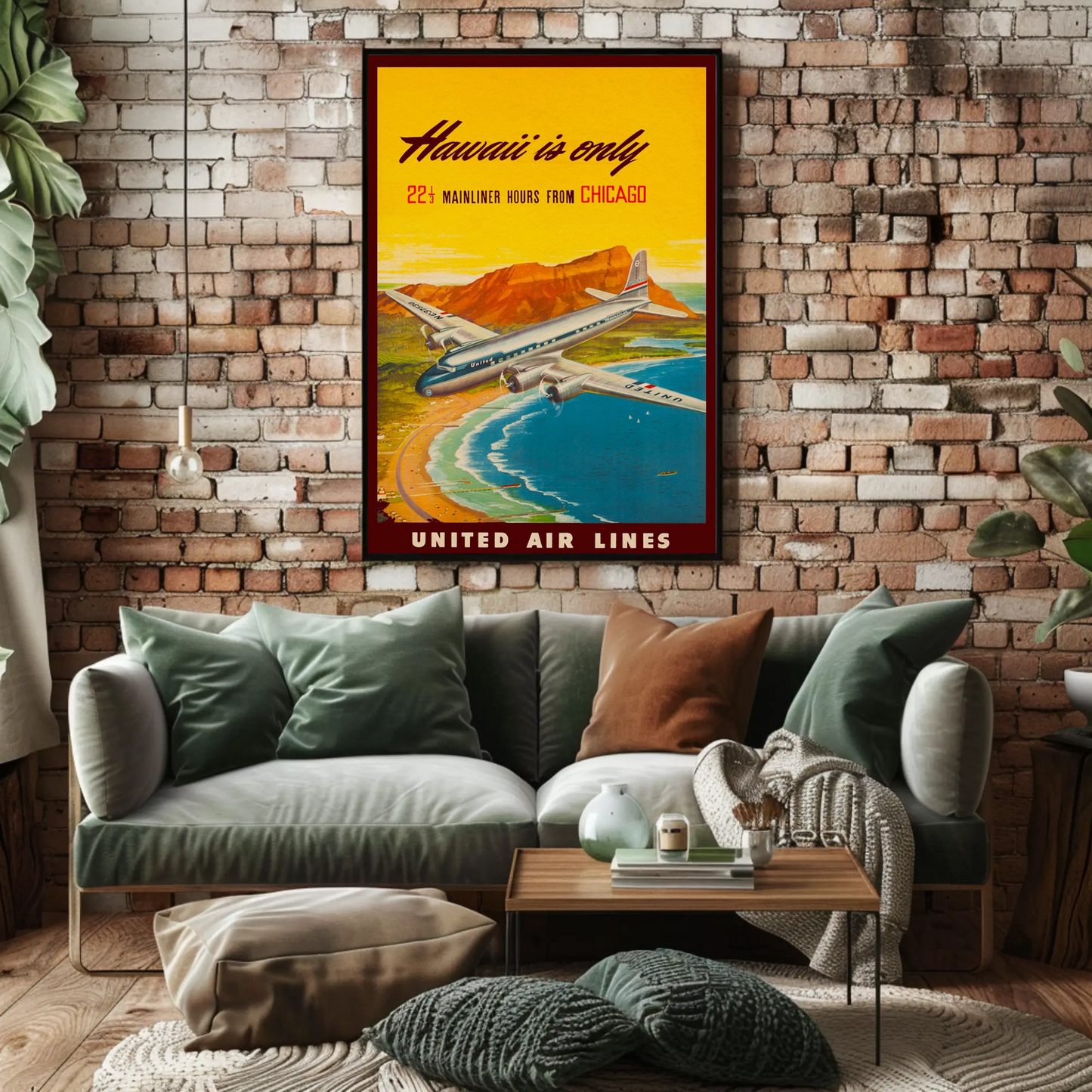 Hawaii United Chicago Flight Scenic Travel Poster