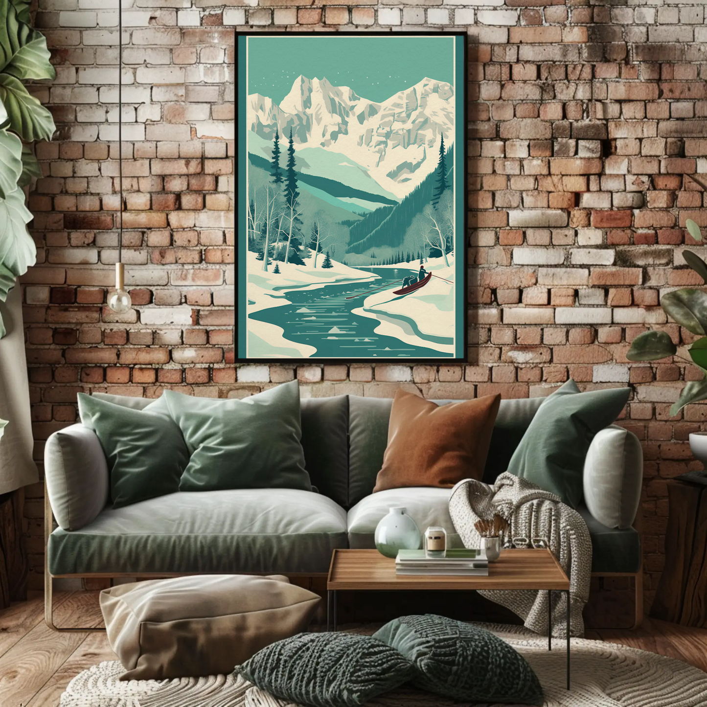 Snowy Alpine Mountain Rowboat Scene Travel Poster