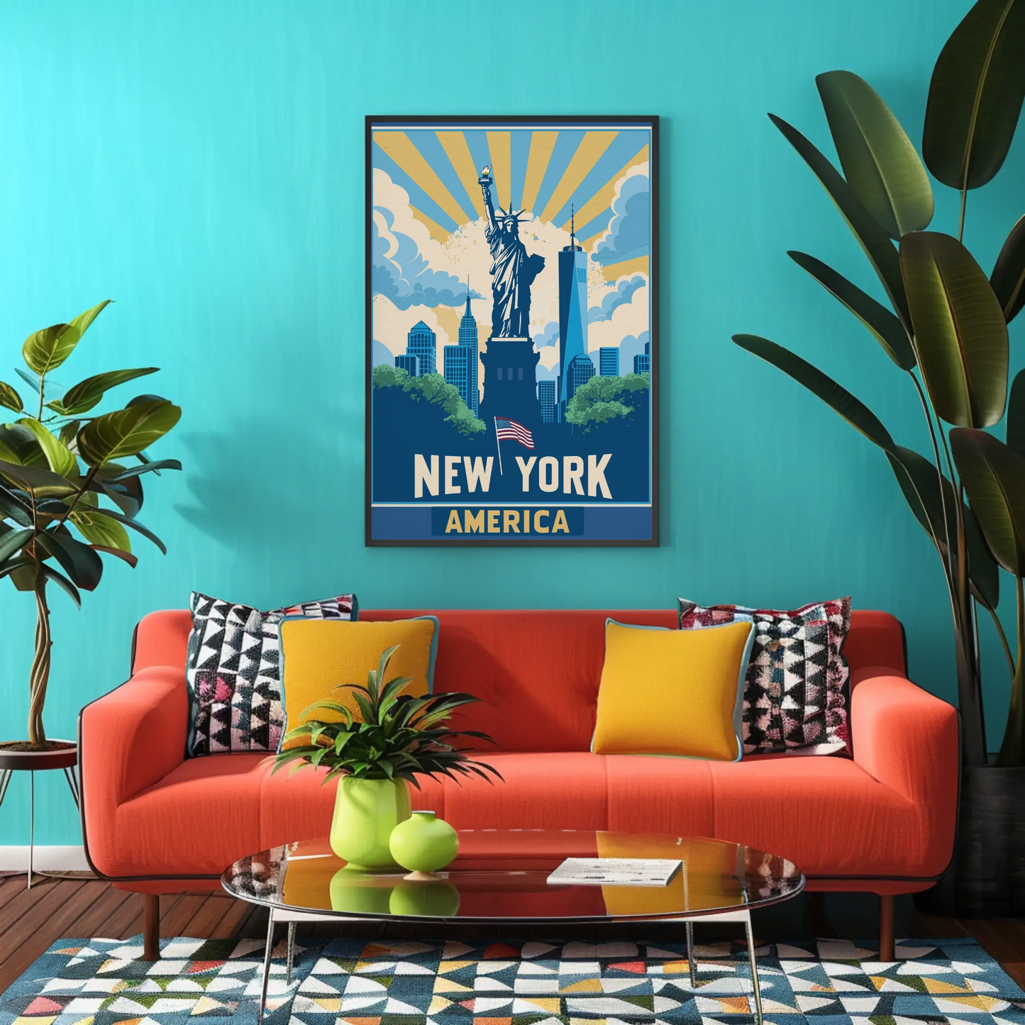 New York America Skyline Liberty Sunrise Vintage Travel Poster