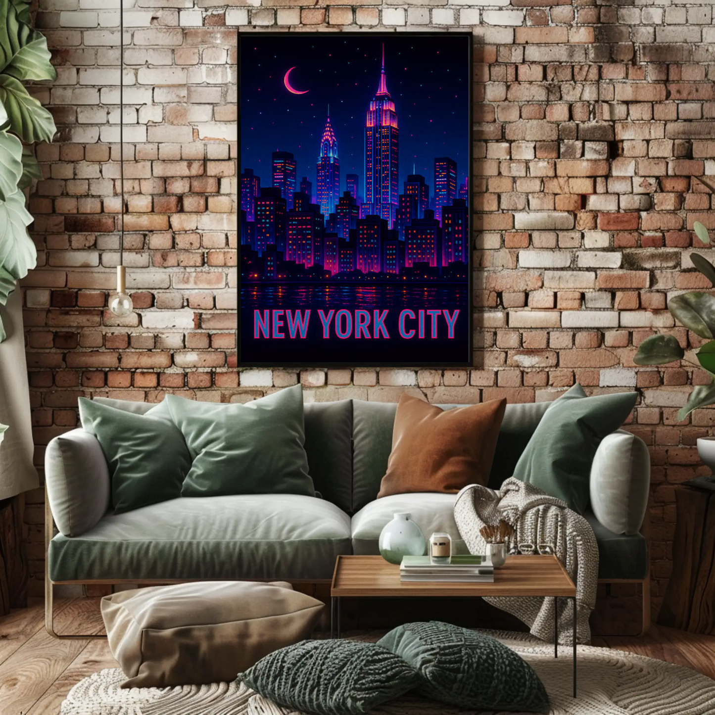 New York Neon Skyline Empire State Night Stars Travel Poster