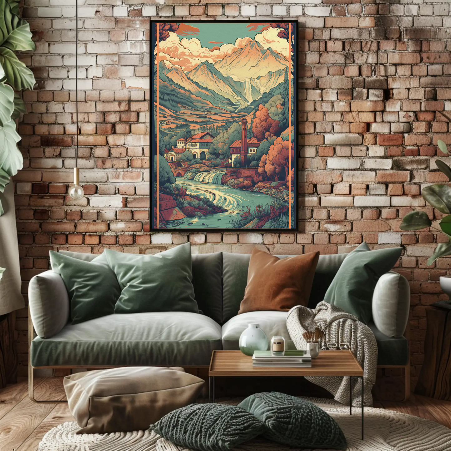 Alpine Village Waterfall And Peaks Travel Poster