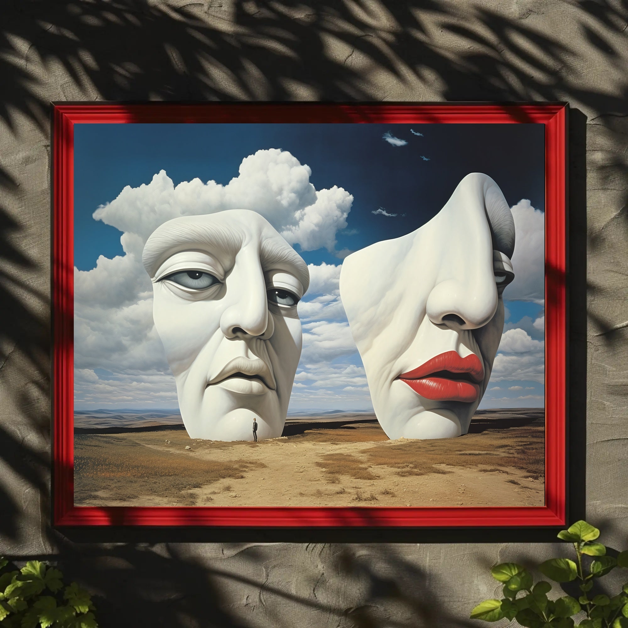 Surreal Sculpted Faces in Desert Landscape Artistic Poster