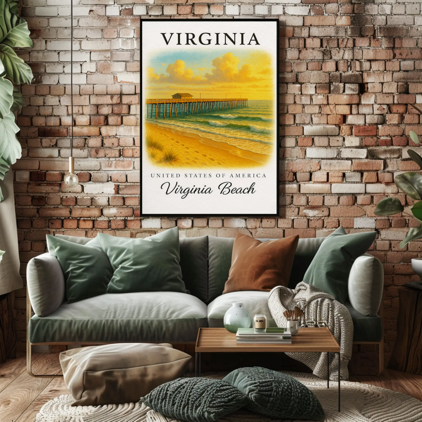 Virginia Beach Pier Ocean Sunset Classic Seaside Travel Poster