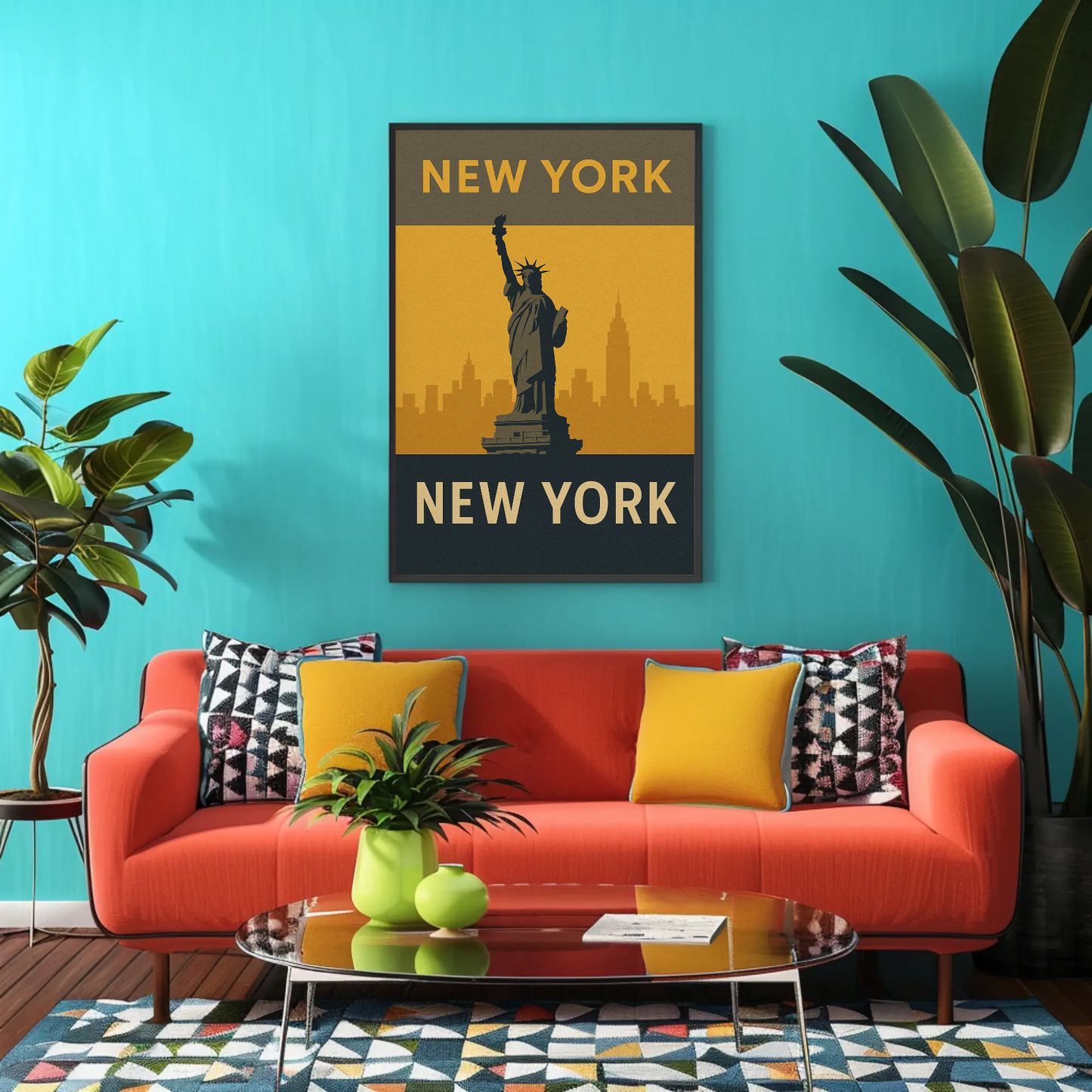 New York City Statue Skyline Yellow Vintage Travel Poster