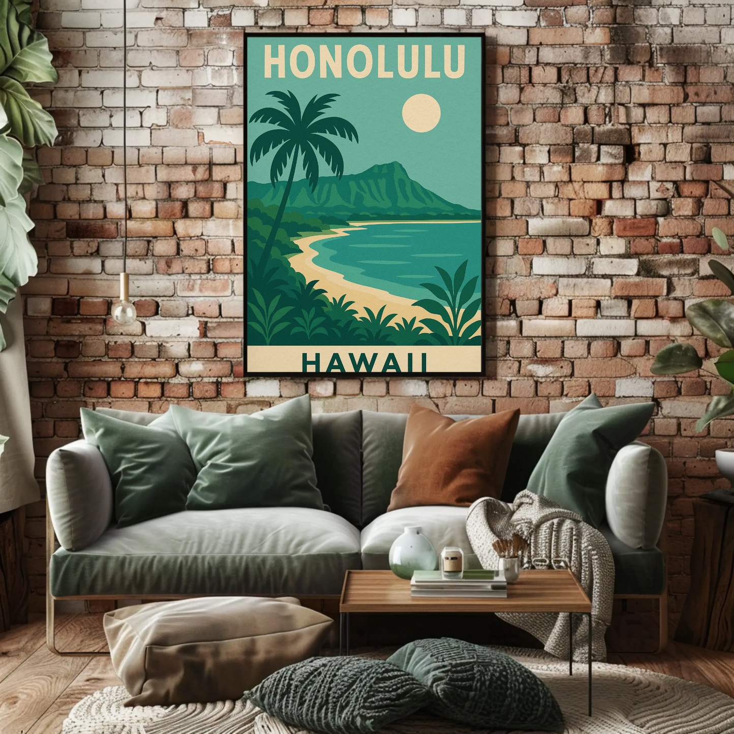 Honolulu Hawaii Beach Palm Trees Coastline Travel Poster
