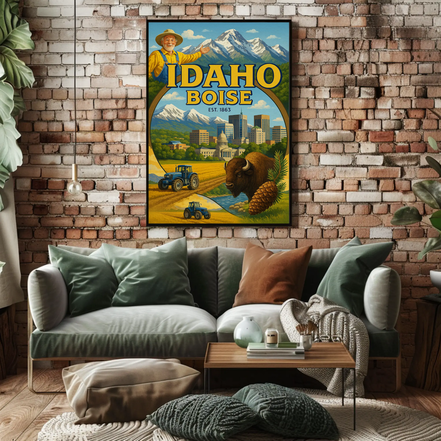 Boise Idaho Cityscape Buffalo Mountain Farm Travel Poster
