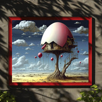 Surreal Desert House with Whimsical Balloons Artistic Poster