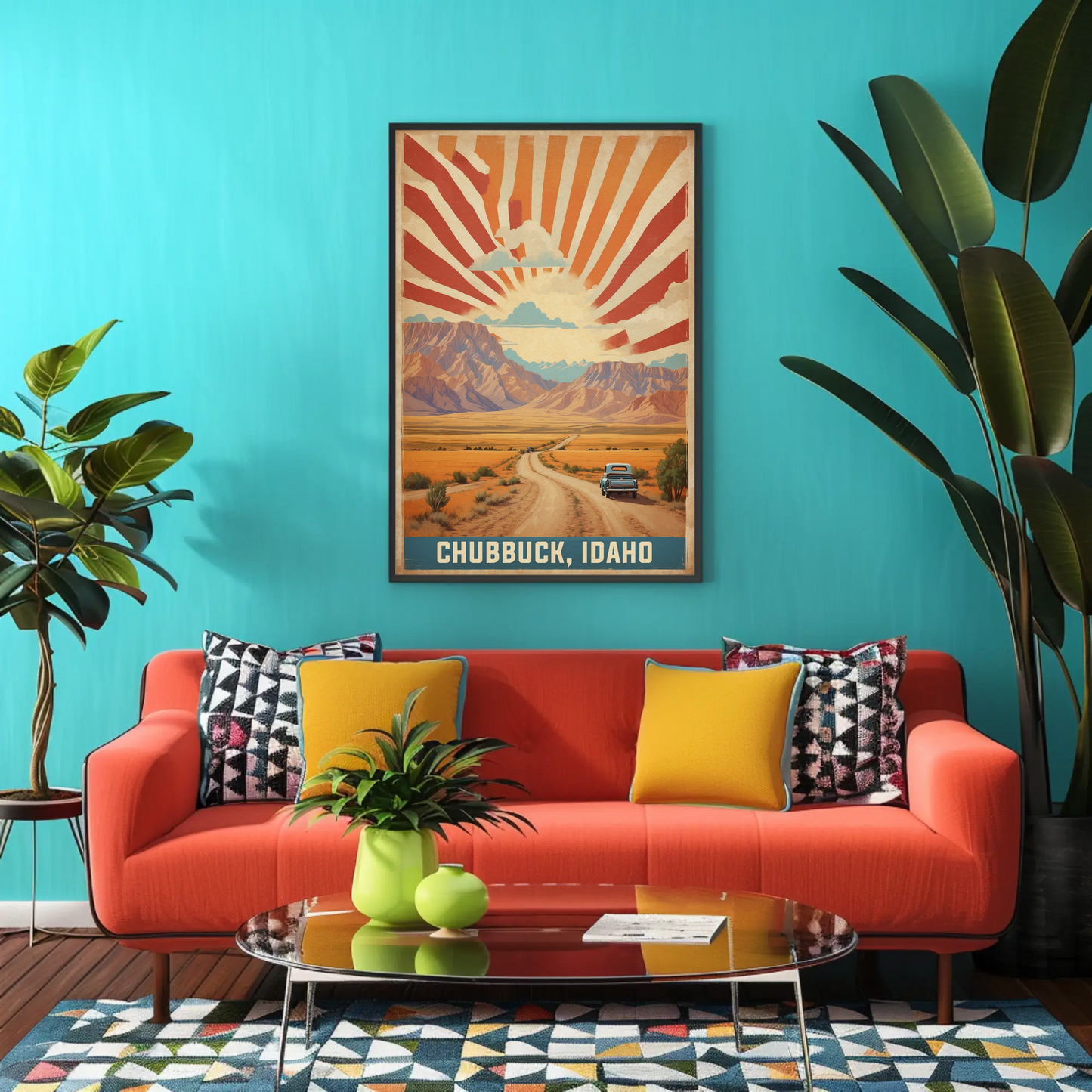 Chubbuck Idaho Sunset Road Desert Mountains Vintage Travel Poster