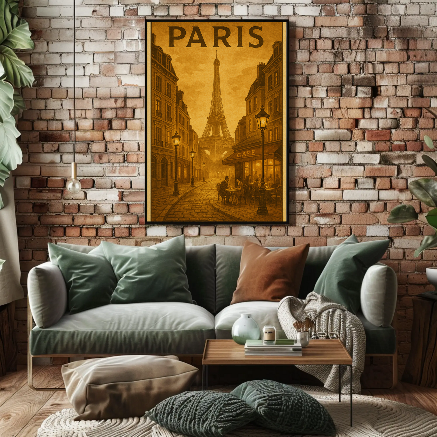 Paris Café Eiffel Sepia Travel Poster