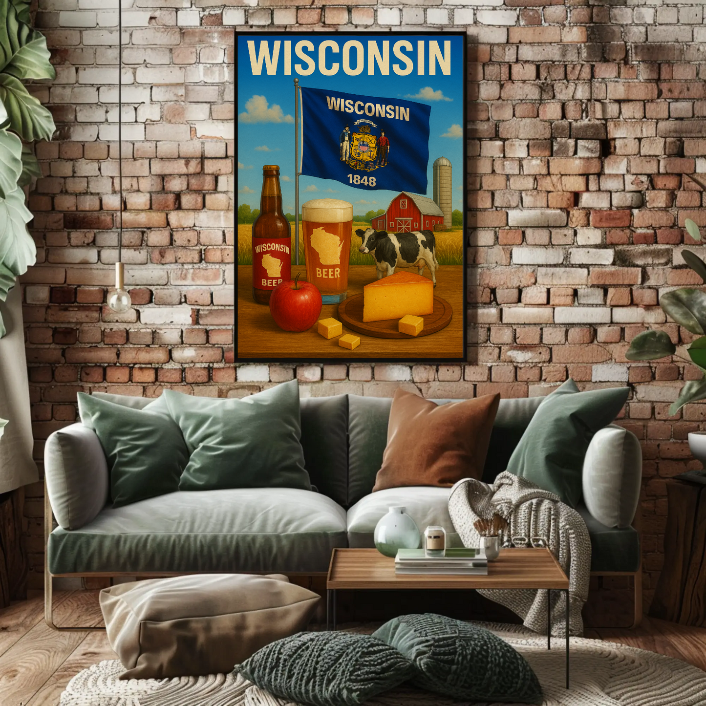 Wisconsin Beer Cheese Cow Barn Farm Apple Travel Poster