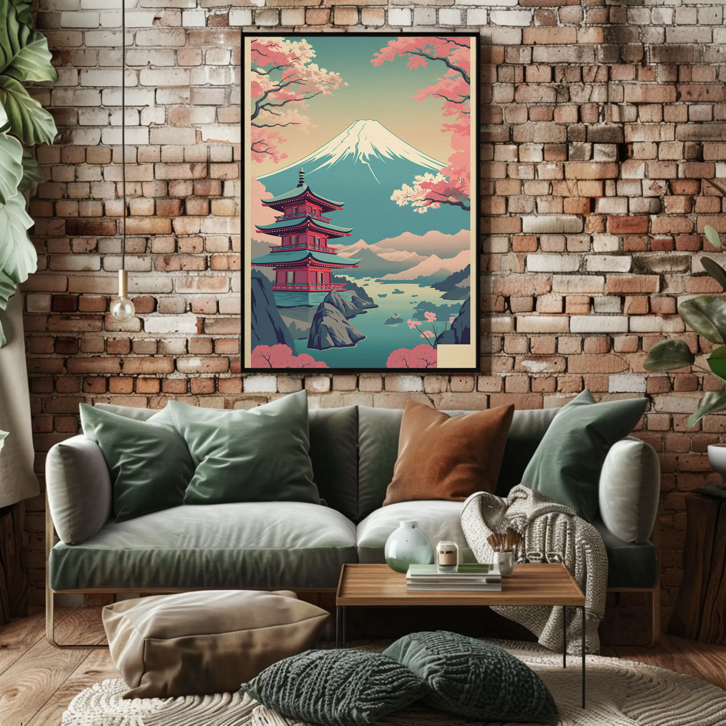 Japan Fuji Lake Pagoda Sakura Canoe Trees Travel Poster