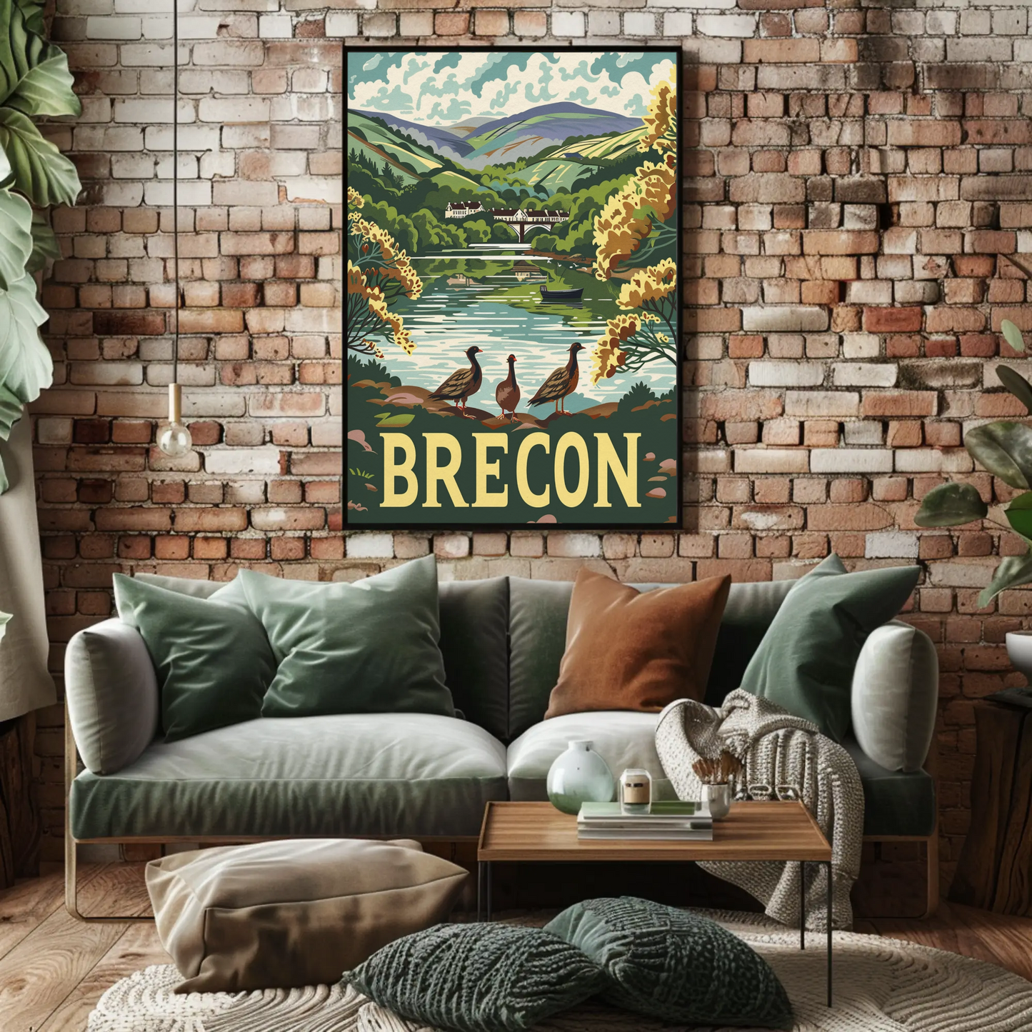 Brecon River Ducks Village Hillside Travel Poster