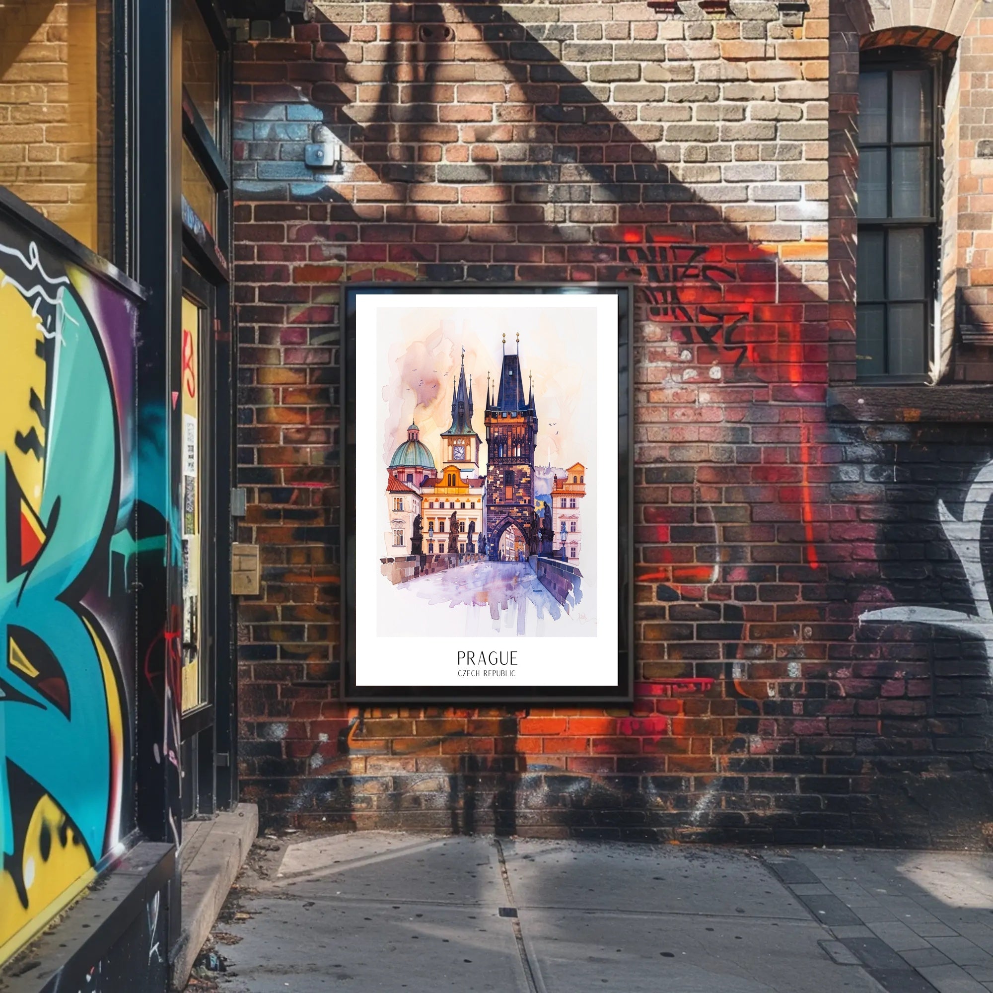 Prague's Charles Bridge Watercolor Urban or Cityscape Poster PosterGoat