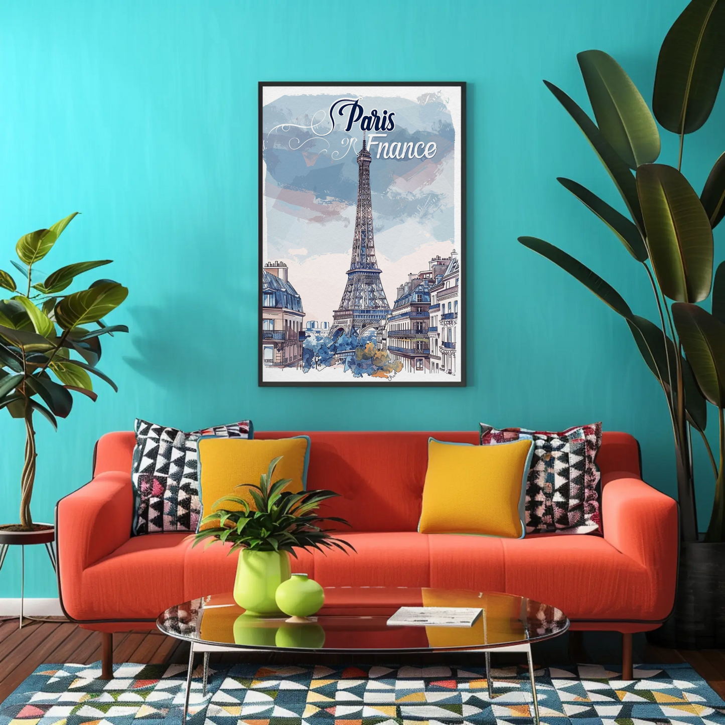 Paris France Watercolor Eiffel Tower View