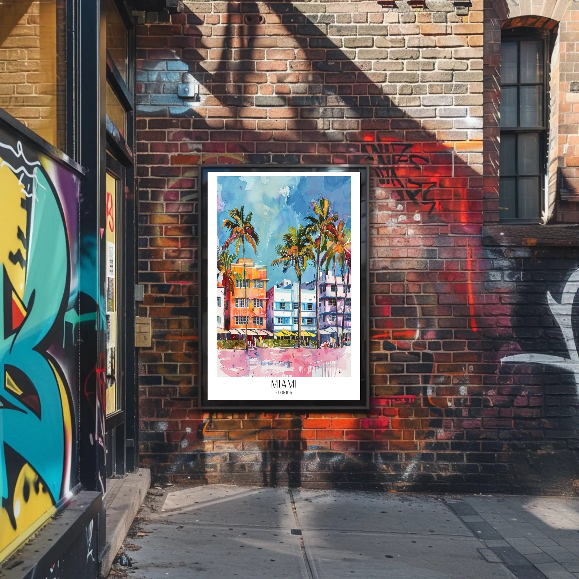 Miami Art Deco Street Scene Vibrant Travel Poster PosterGoat