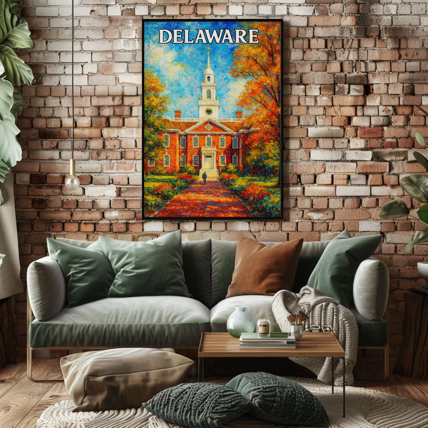 Delaware Brick Capitol Autumn Trees Travel Poster