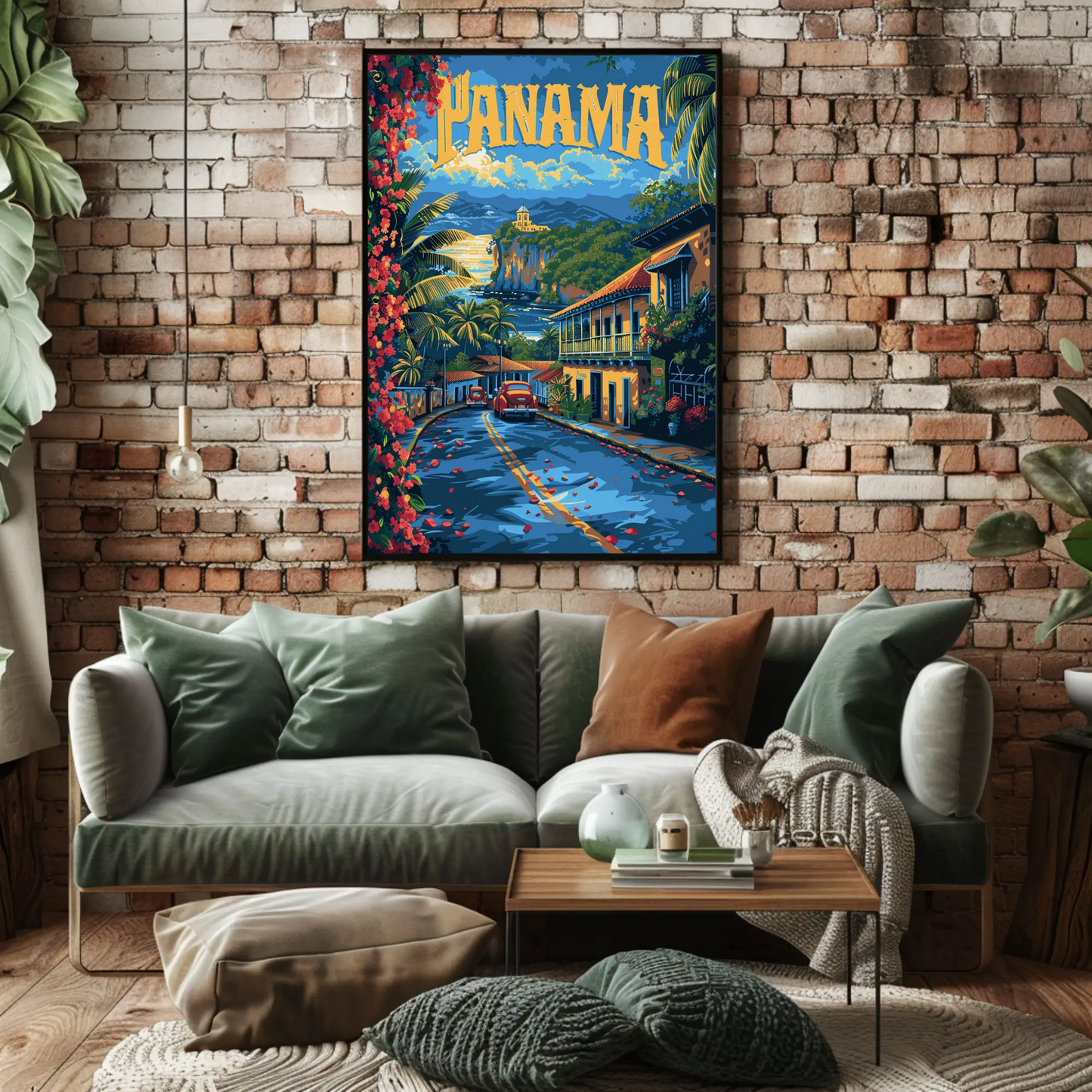 Panama Coastal Cliffs Village Retro Street View Travel Poster