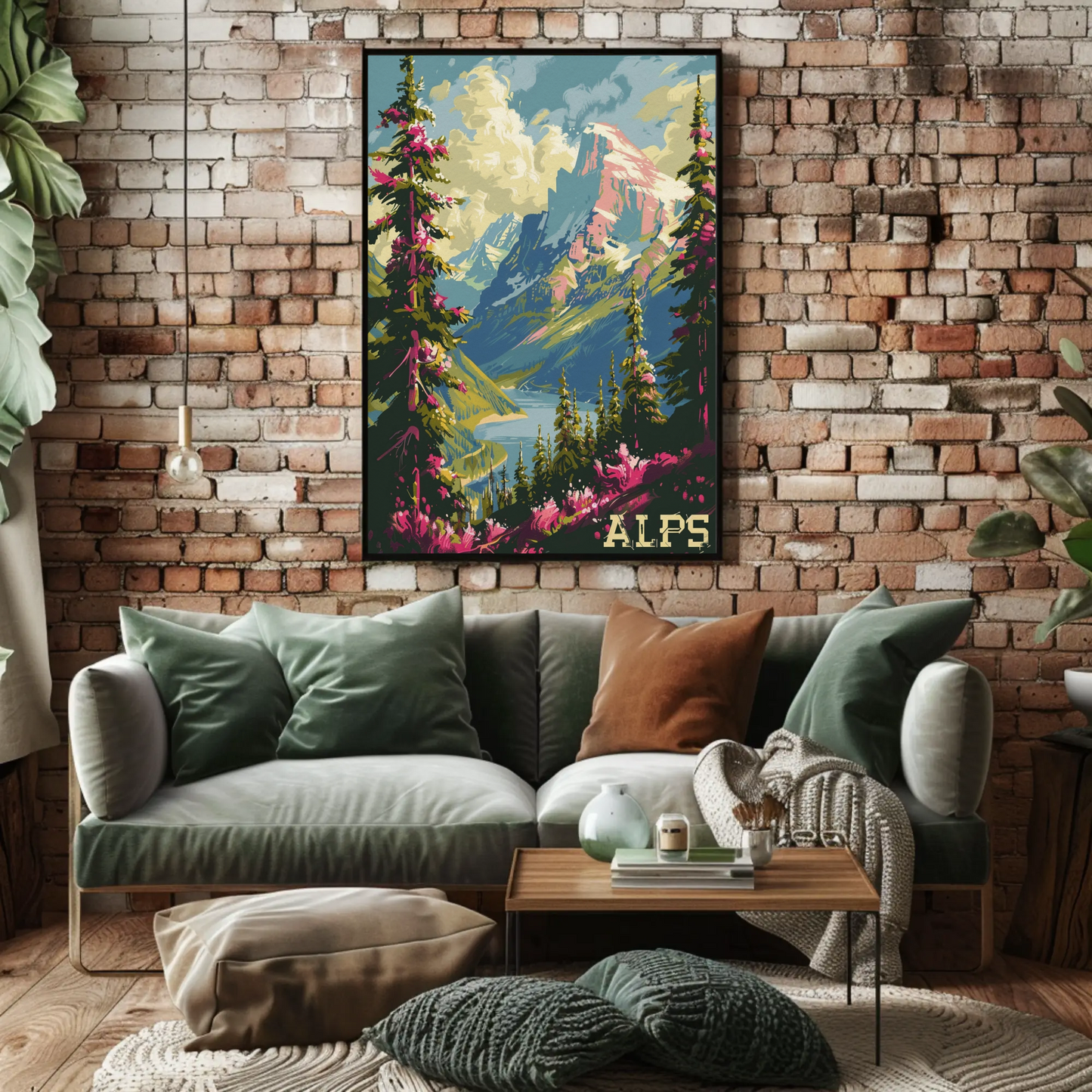Alps Pink Flowers Lake Valley Peaks Travel Poster