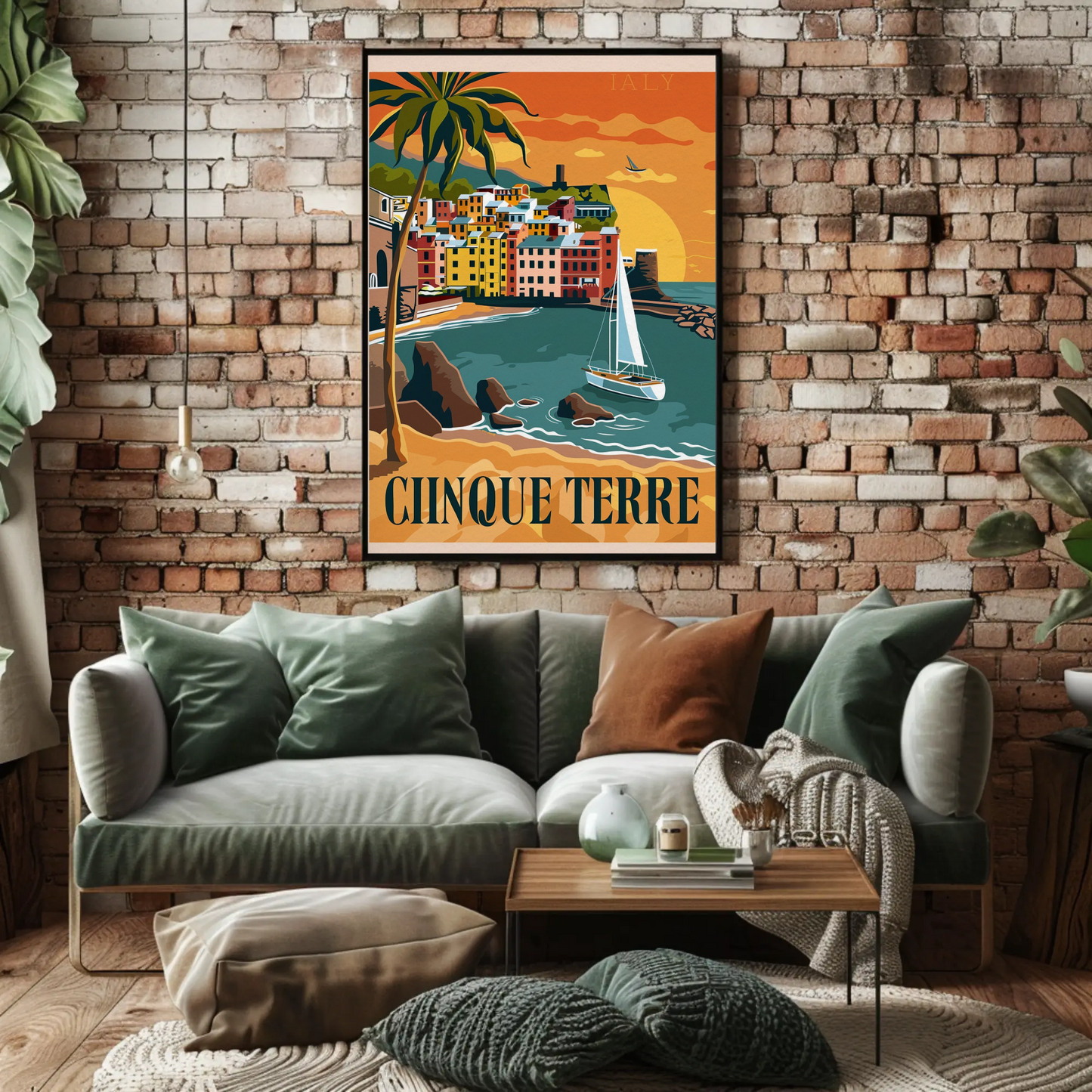 Cinque Terre Italy Vibrant Sunset Harbor Travel Poster