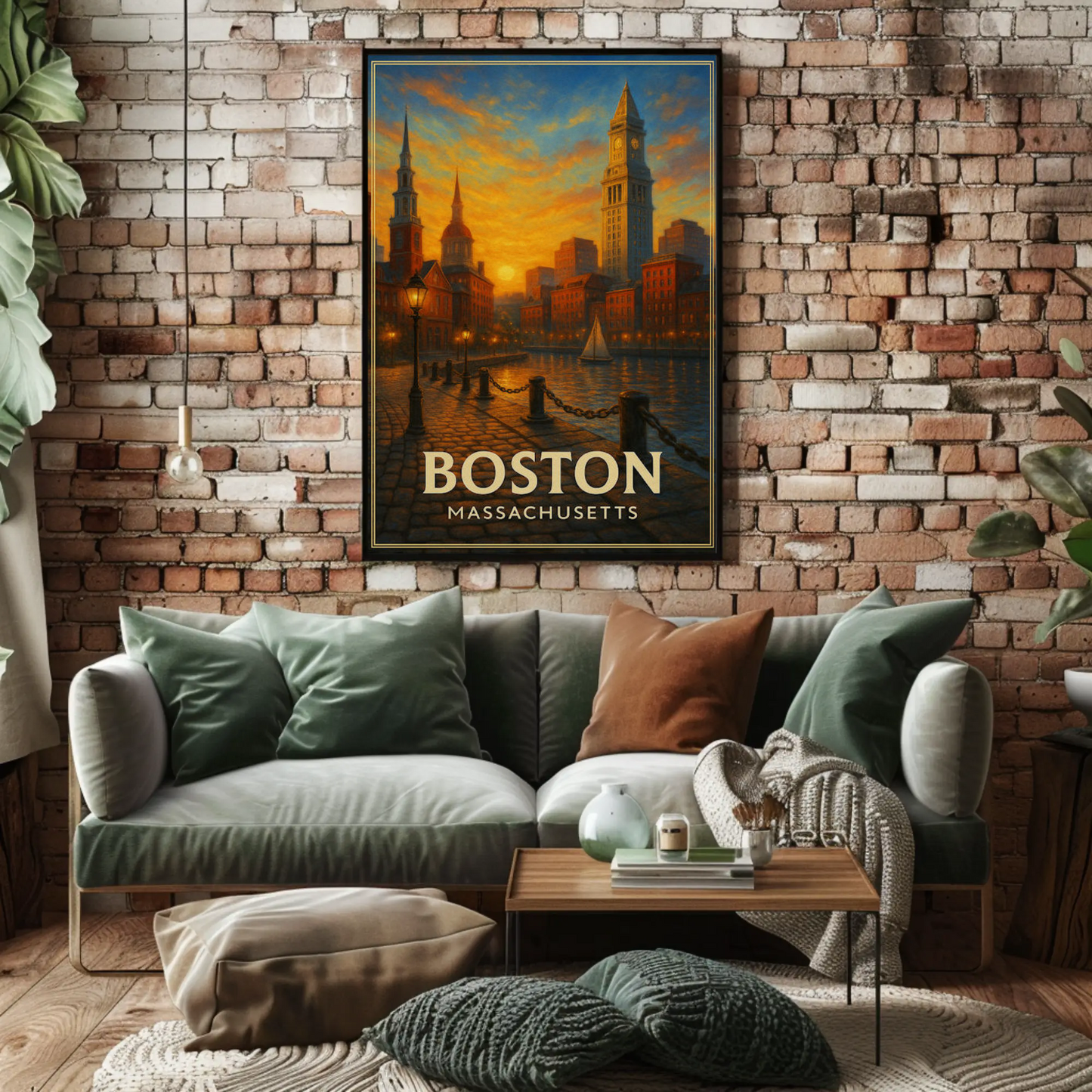 Boston Massachusetts Sunset Harbor Cityscape Travel Poster