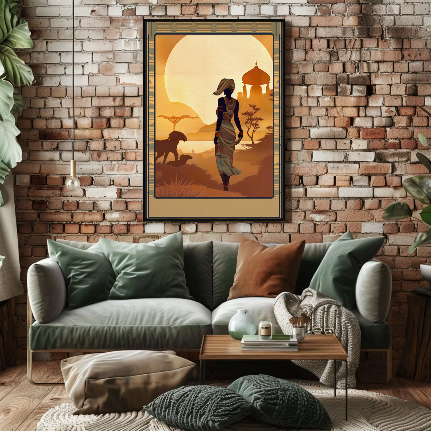 African Woman Wildlife Sunset Silhouette Travel Poster