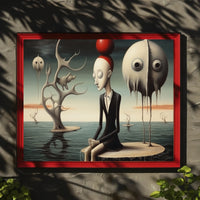 Surreal Humanoid with Red Sphere Hat Artistic Poster