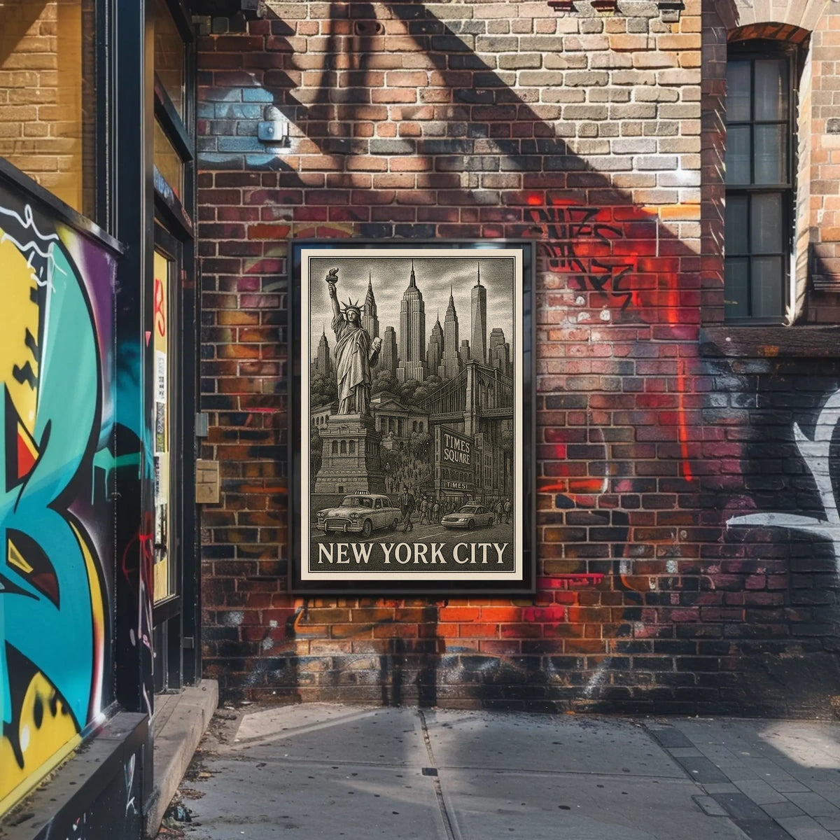 New York City Landmarks Engraved Poster Vintage Wall Art