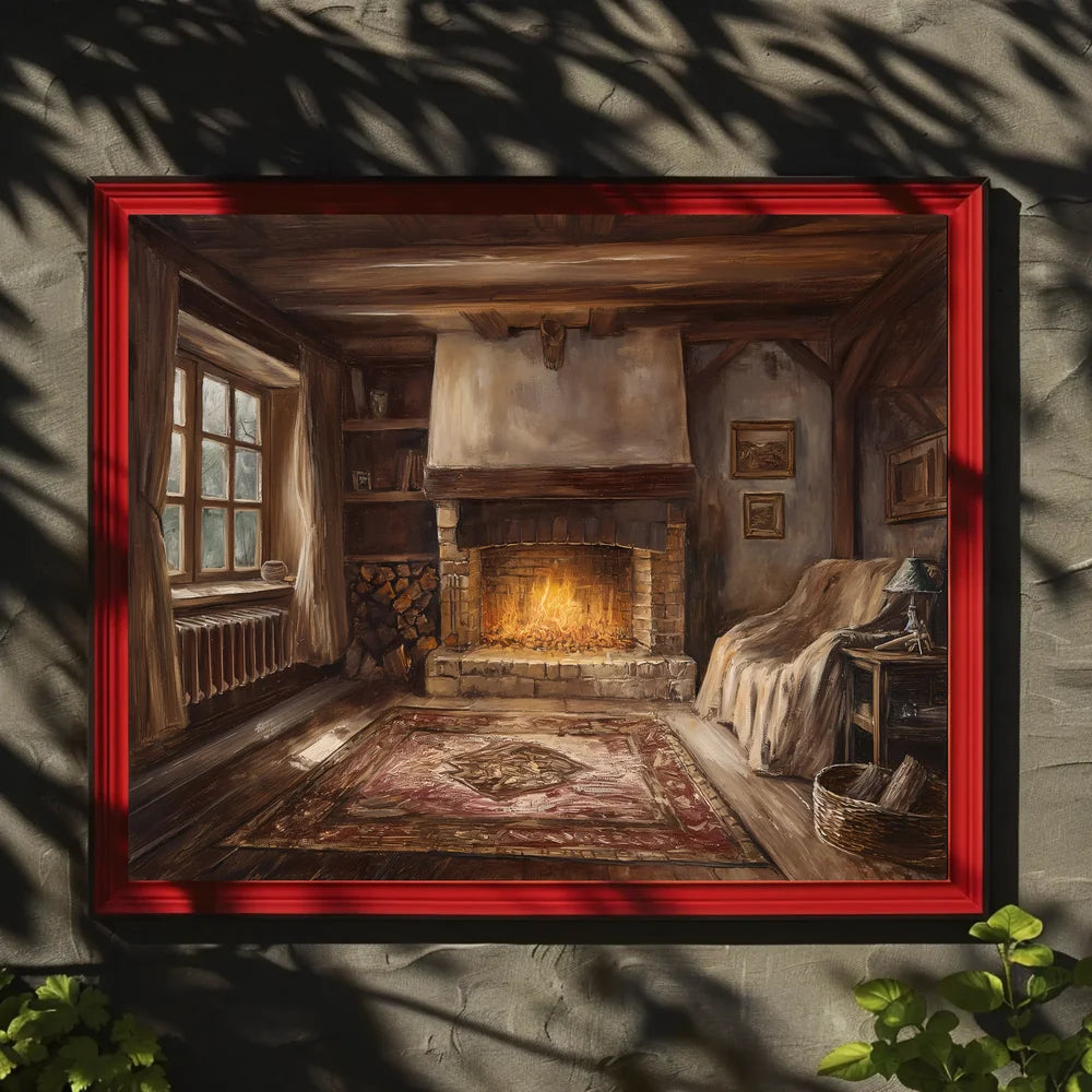 Cozy Rustic Cabin Fireplace Illustration Poster