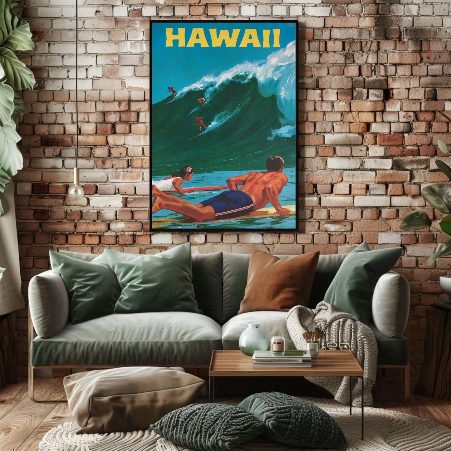 Hawaii Surfers Riding Giant Wave Ocean Travel Poster