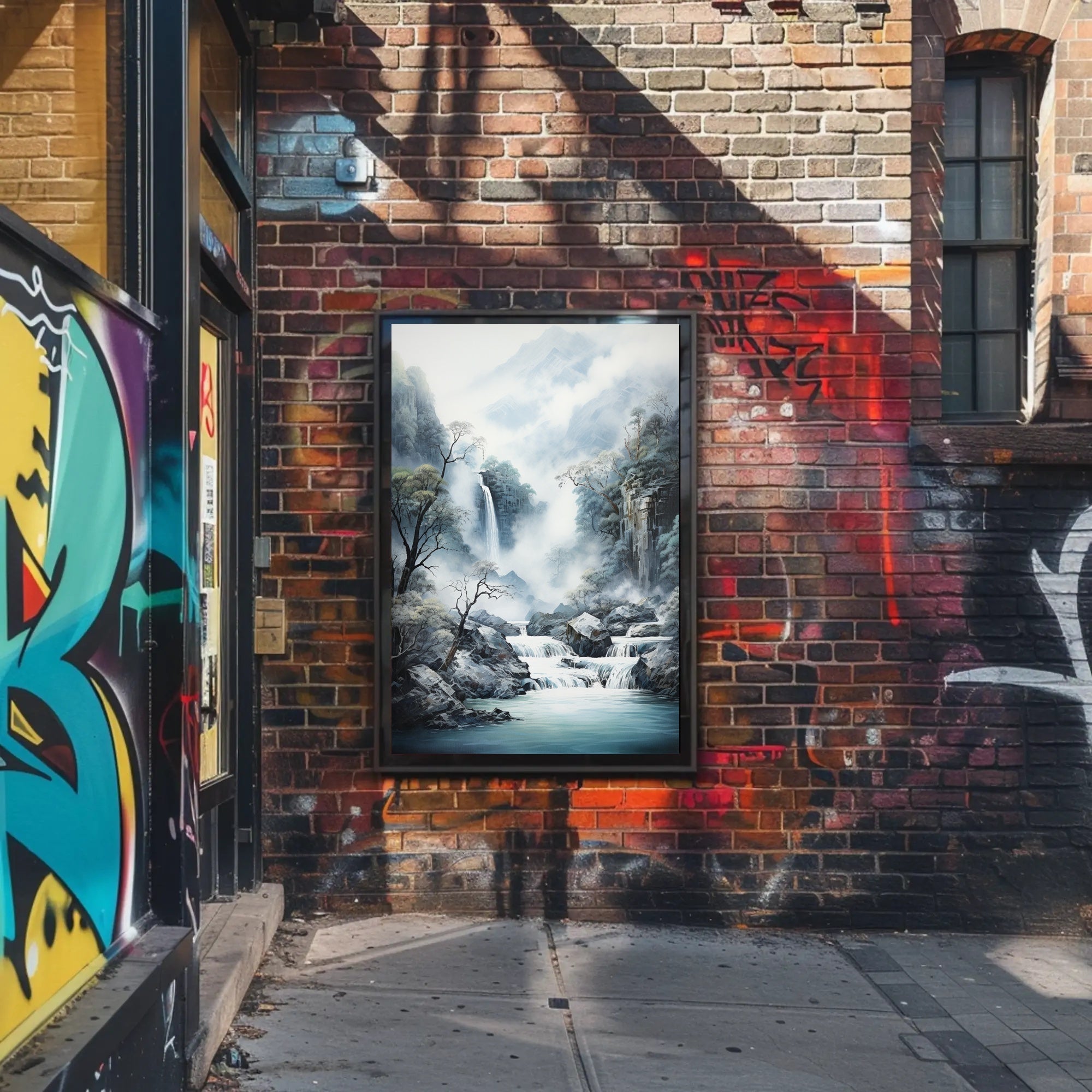 Tranquil Waterfall In Misty Mountains Poster