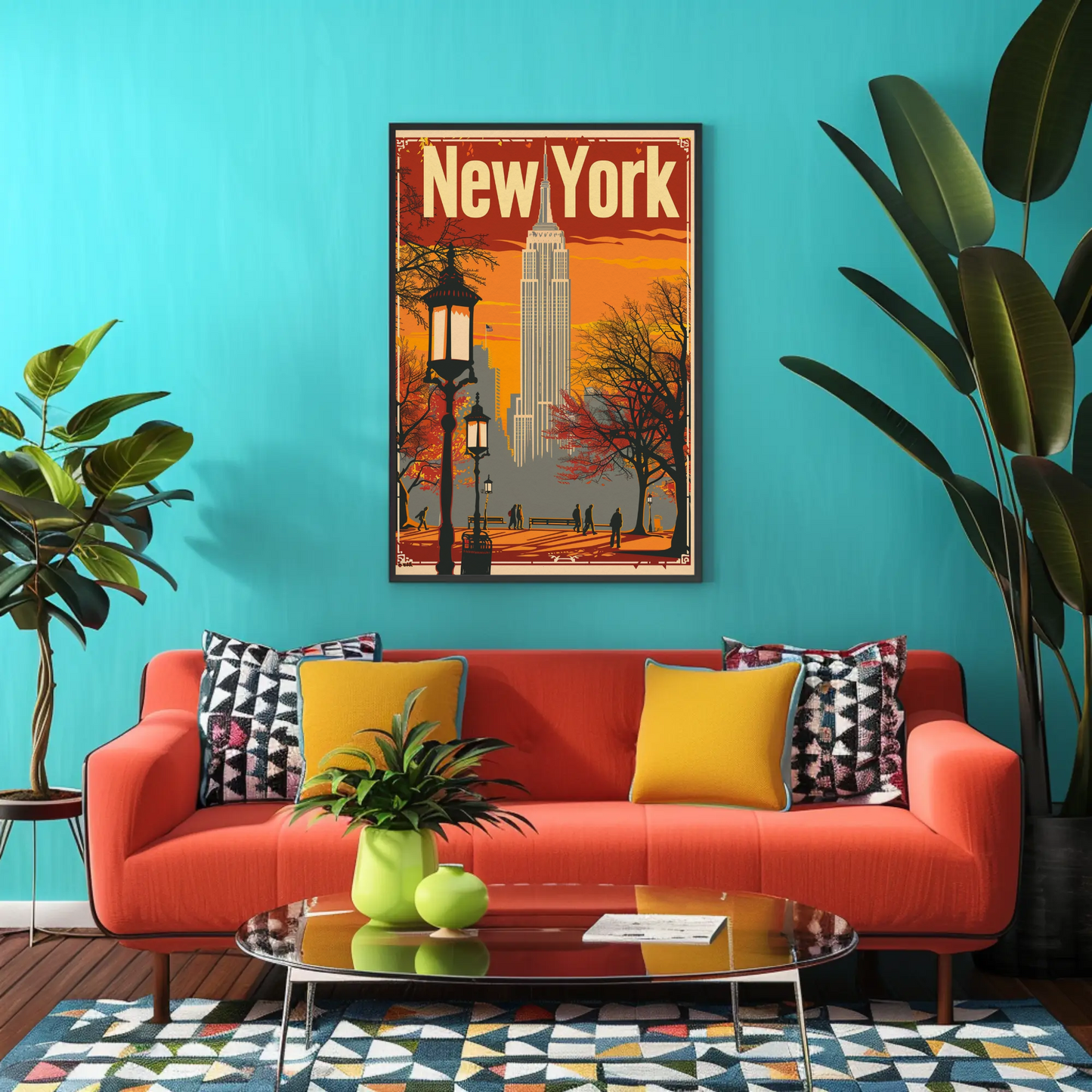 New York Orange Sky Autumn Cityscape Vintage Travel Poster
