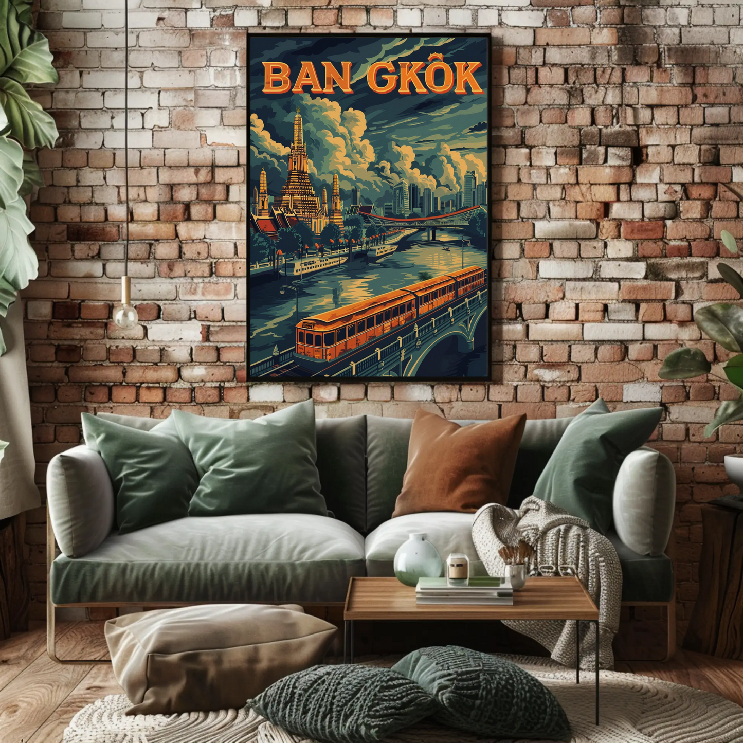 Bangkok Golden Temple River Train Skyline Scene Travel Poster