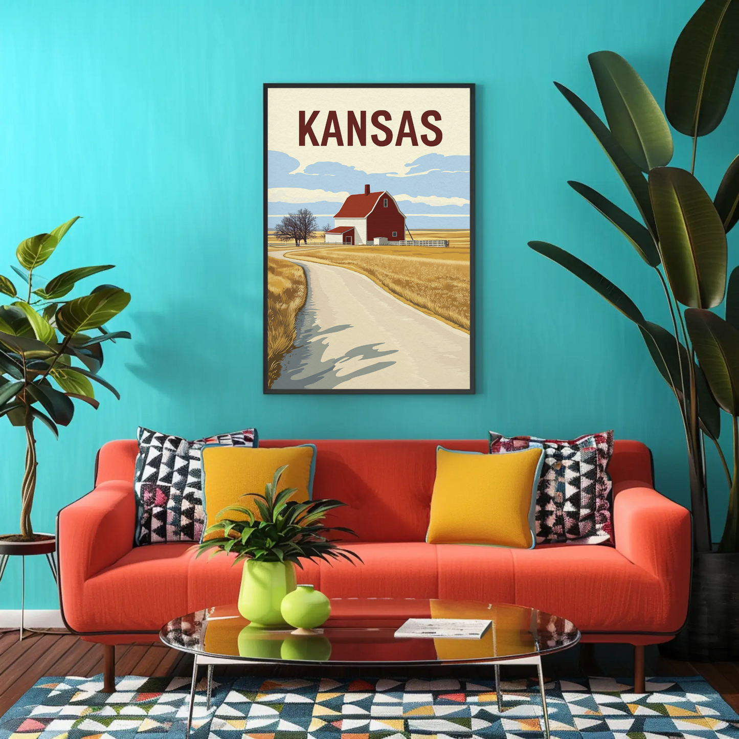 Kansas Barn Roadscape Vintage Poster