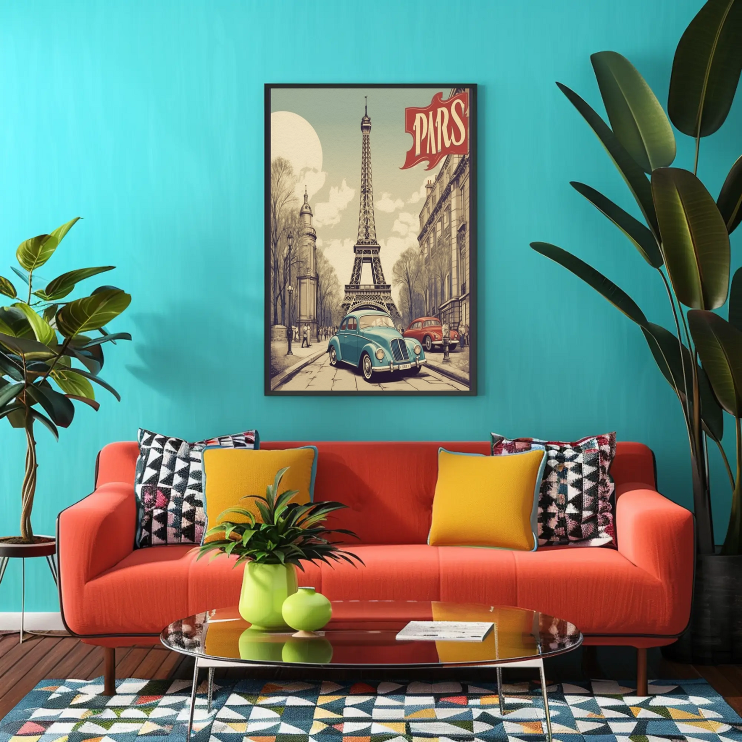 Paris Vintage Poster - Eiffel Tower & Classic Car