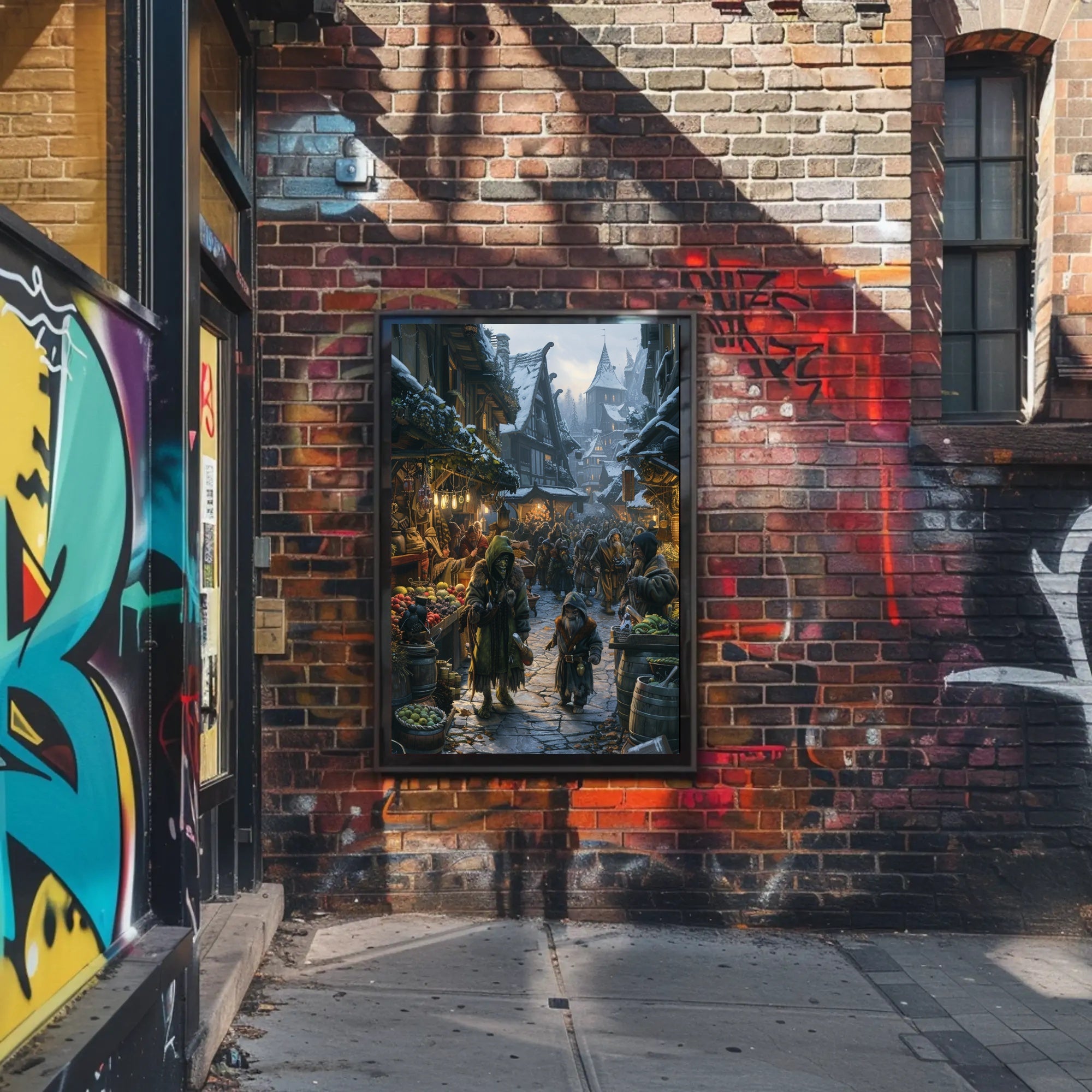 Medieval Snow Village Market Scene Fantasy or Mythology Poster PosterGoat