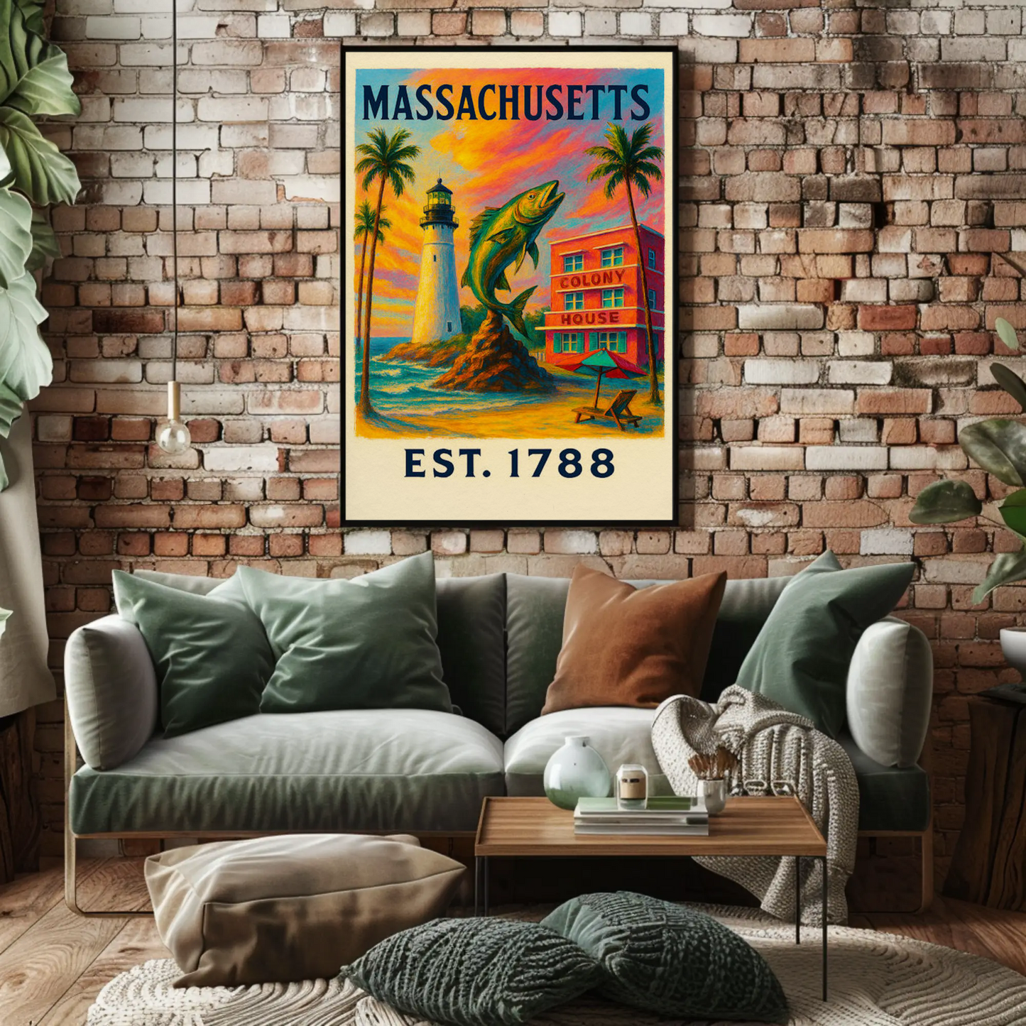 Massachusetts Lighthouse Fish Colony House Sunset Poster