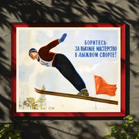 Soviet Ski Jumper Vintage Sports Illustrative Propaganda Poster