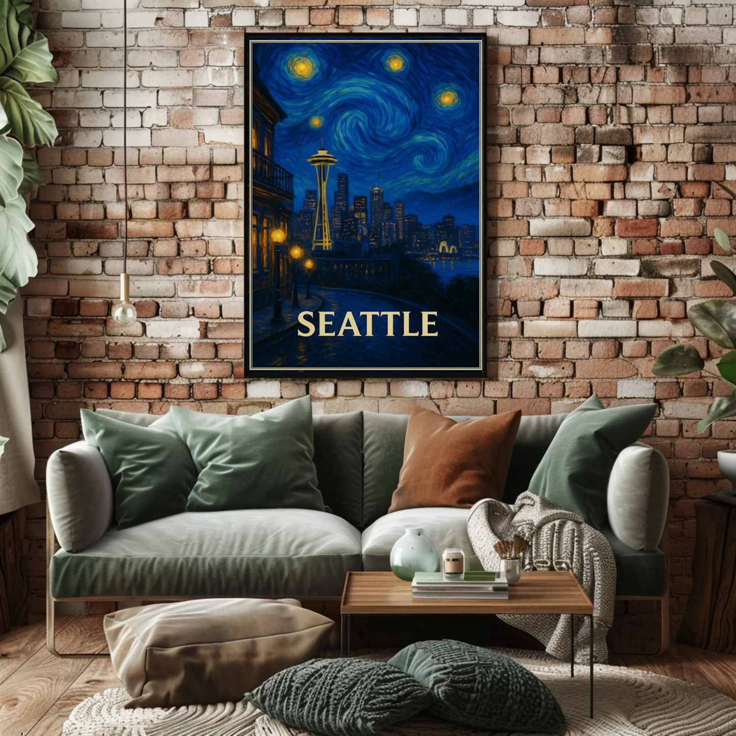 Seattle Space Needle Starry Night Skyline Glow Travel Poster