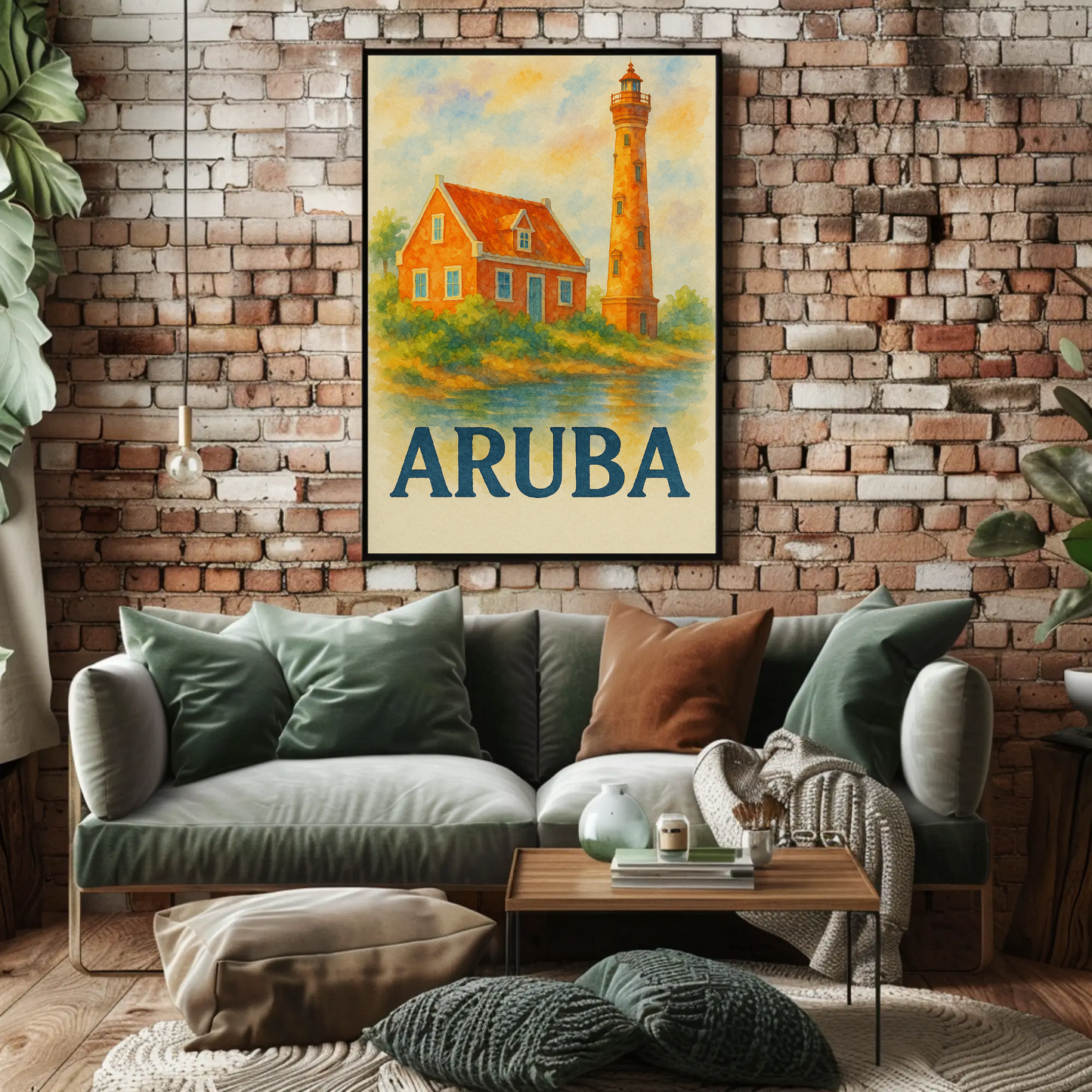 Aruba Lighthouse Ocean Hut Sunset Travel Poster